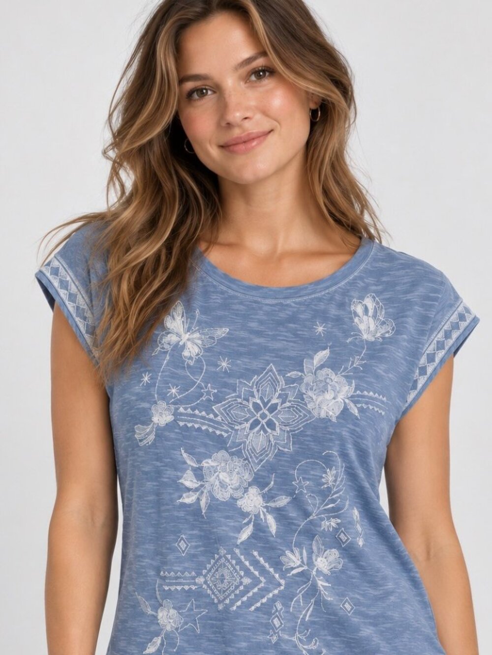 NWT Caite Coreen Tee Gunmetal Blue Floral Embroidered Size S Small With Defects